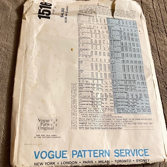 Yves Saint Laurent Vogue Sewing Pattern Size 14 - Picture 3 of 4